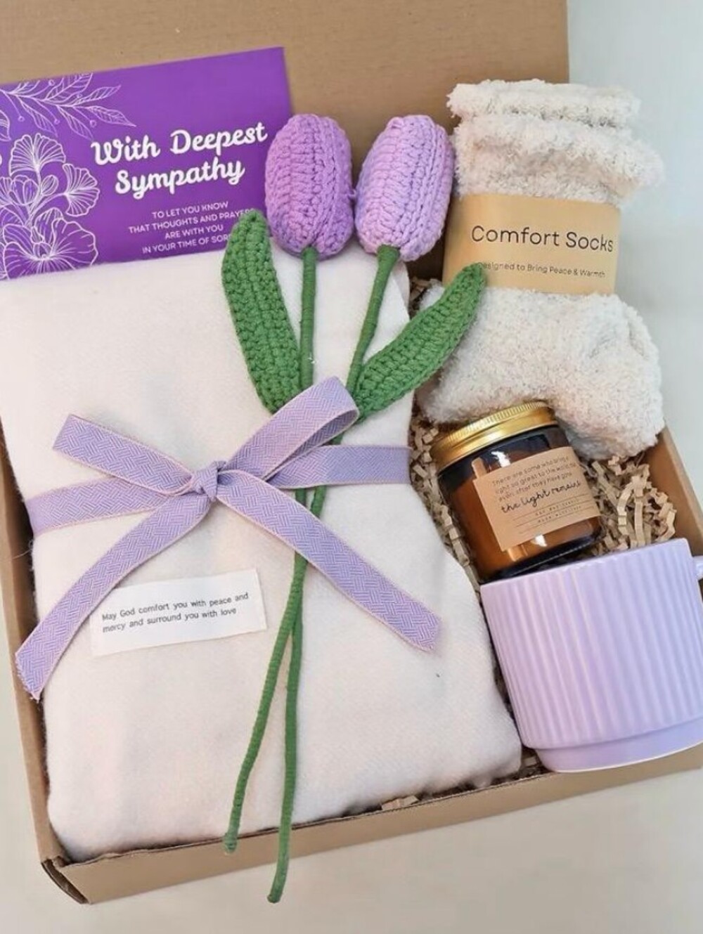 Condolence Care Package with Shawl, Candle, Mug & Comfort Items.